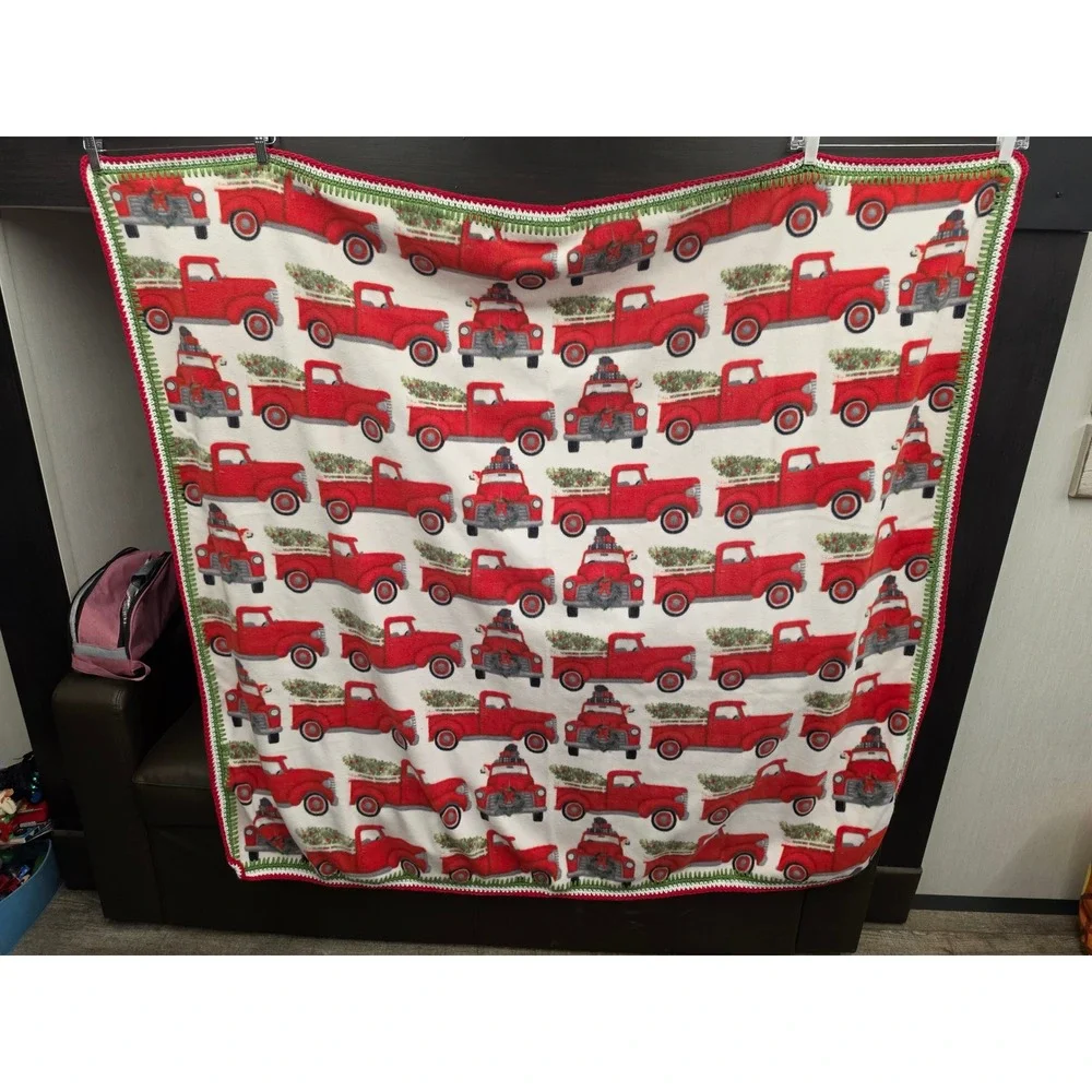 Christmas Red Truck Fleece Throw Blanket with Crocheted Border Farmhouse Holiday